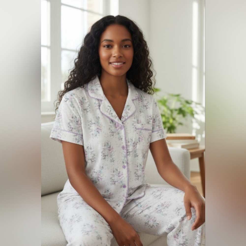 New Hanes Women's Pajama Set  Lounge. Button down Collared Pant Set. Med Floral